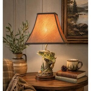 Vintage Bass Fish Table Lamp Rustic Cabin Lodge Decor Square Shade 22"